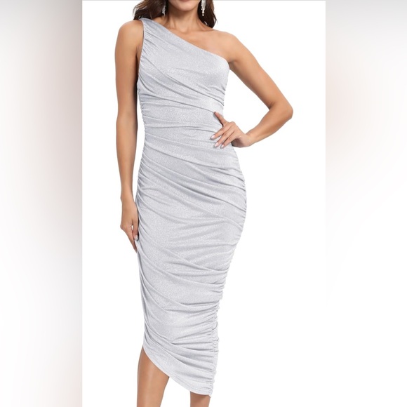 One Shoulder Dress Glitter Sexy Ruched Bodycon Irregular Hem Prom Formal Party3 - Picture 2 of 5